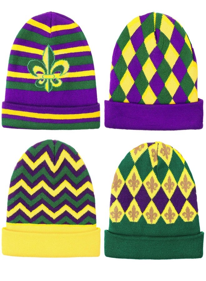 Cozypower 4 Pcs Mardi Gras Beanie Hat 8 Pcs Brooch Pin Knitted Cap for Adults Men Women for Carnival Parade Mardi Gras Party Decorations Accessories - Image 1